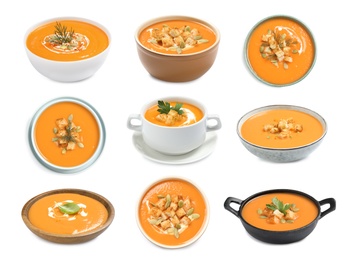 Image of Set of fresh pumpkin soups on white background