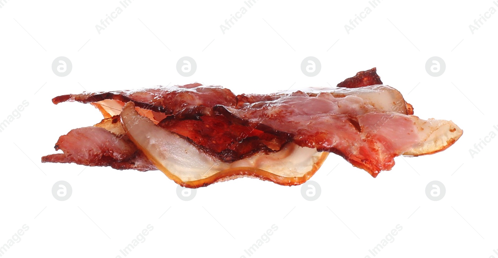 Photo of Crispy fried bacon strips isolated on white. Sandwich ingredient