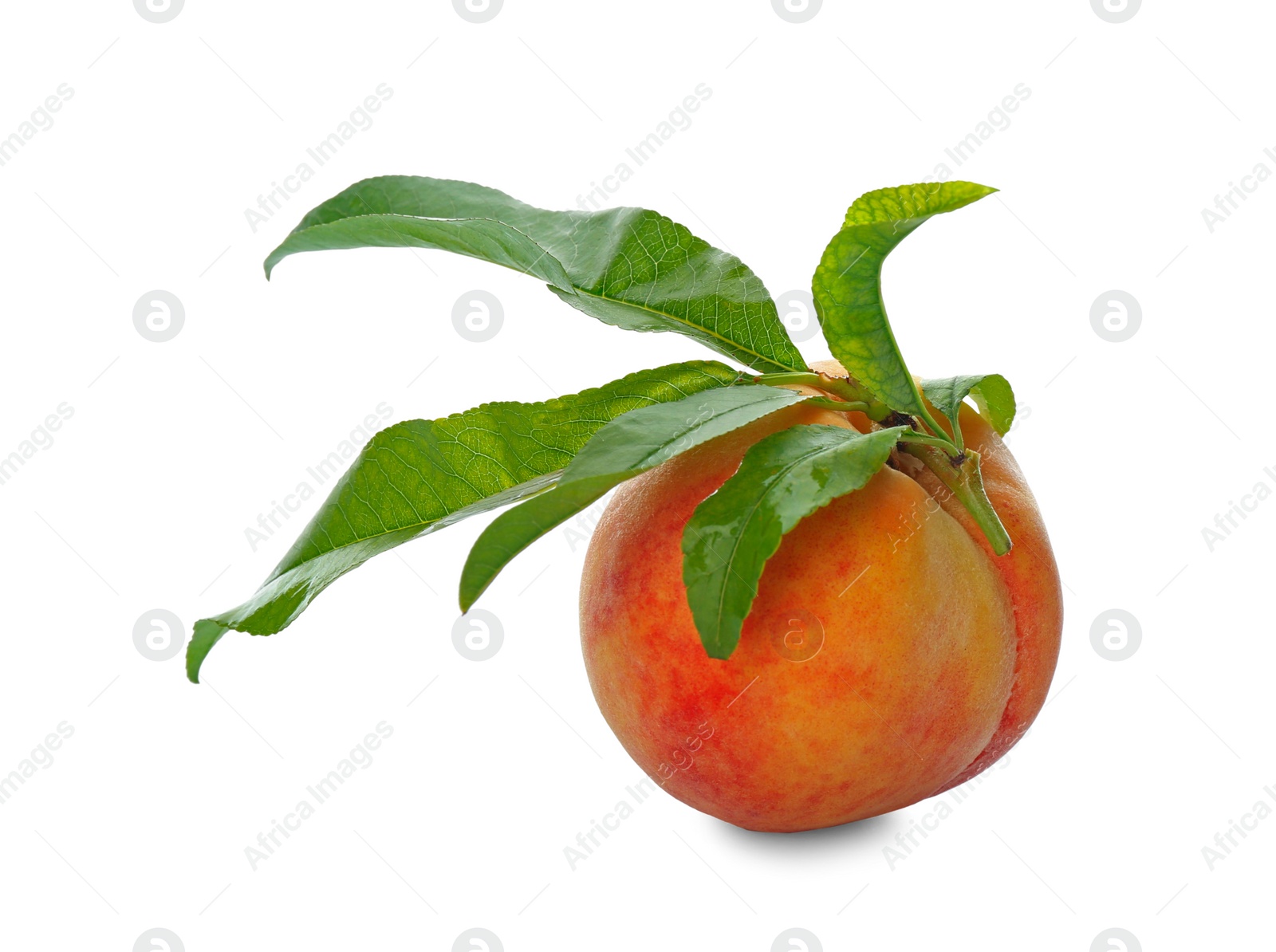 Photo of Delicious ripe juicy peach with leaves isolated on white