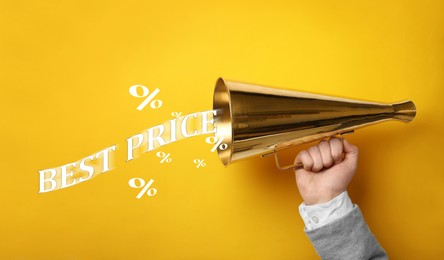 Image of Man with megaphone and phrase Best Price on yellow background, closeup