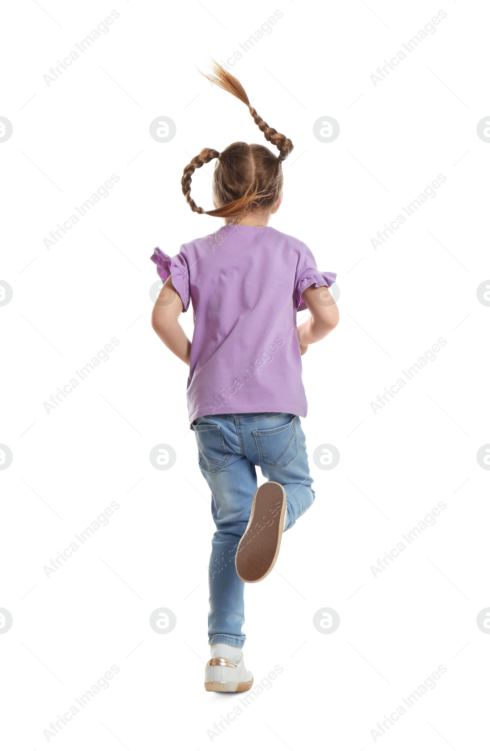 Photo of Little girl running on white background, back view