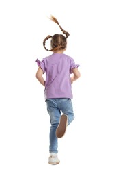 Little girl running on white background, back view