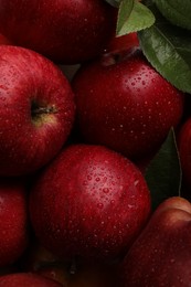 Photo of Fresh red apples with leaves and water drops as background, closeup