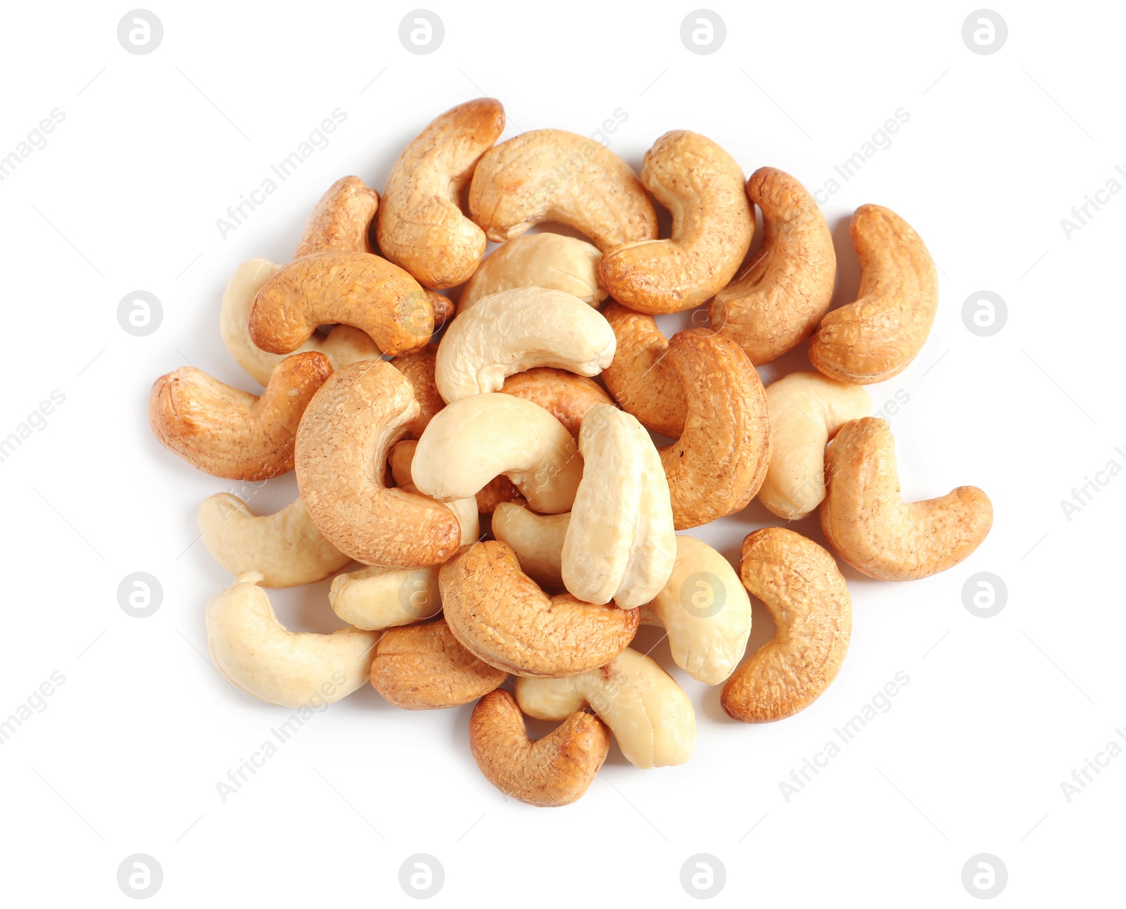 Photo of Tasty cashew nuts isolated on white, top view