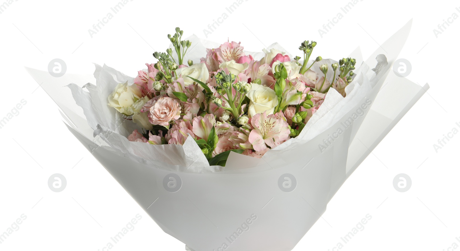 Photo of Beautiful bouquet of fresh flowers isolated on white