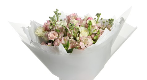 Photo of Beautiful bouquet of fresh flowers isolated on white