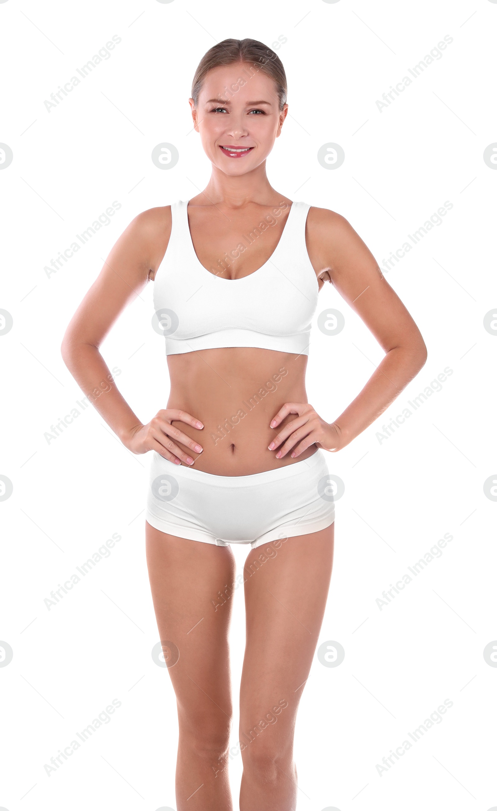 Photo of Slim woman in underwear on white background. Healthy diet