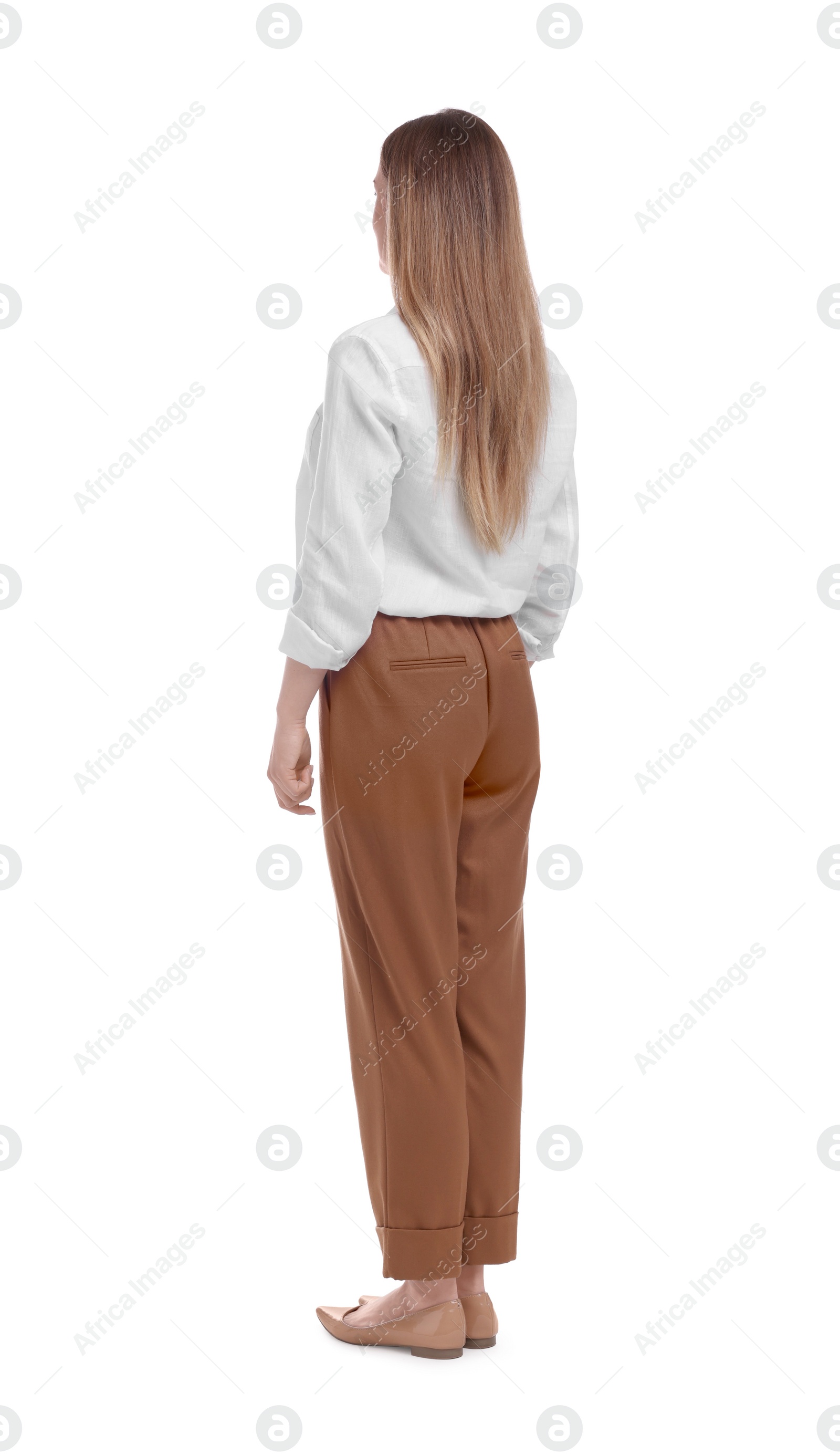 Photo of Businesswoman standing on white background, back view