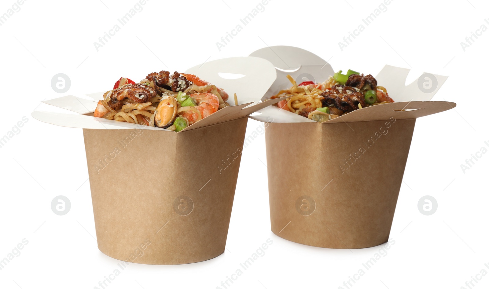 Photo of Boxes of wok noodles with seafood isolated on white