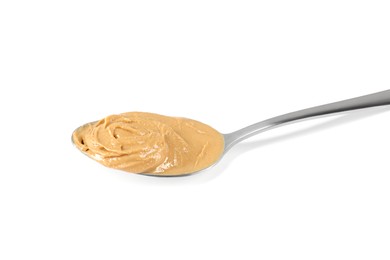 Photo of Delicious nut butter in spoon isolated on white