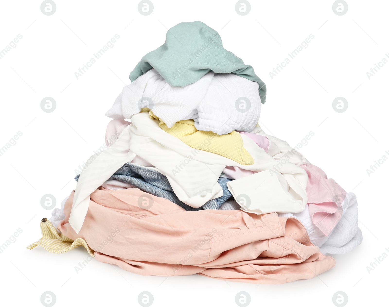 Photo of Pile of colorful clothes isolated on white