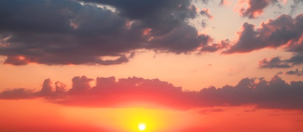 Beautiful panorama of sky with clouds at sunset. Banner design