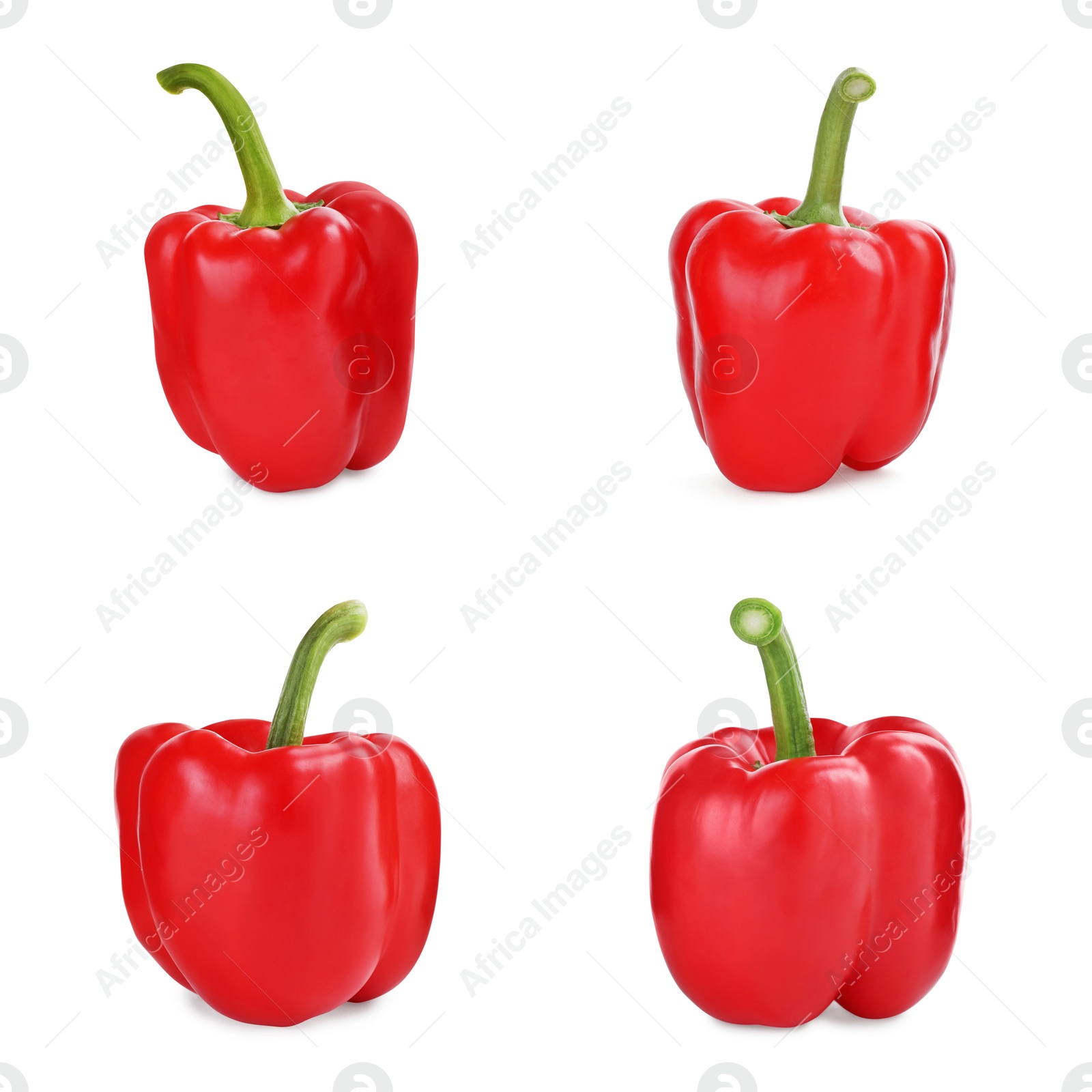 Image of Set of ripe red bell peppers on white background