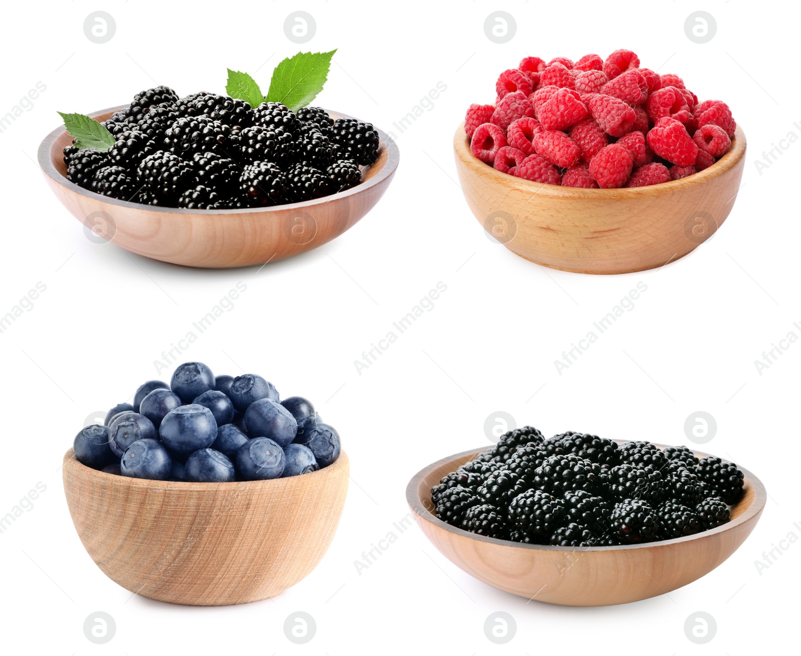 Image of Set of bowls with different fresh berries on white background