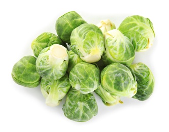 Pile of fresh Brussels sprouts isolated on white, top view