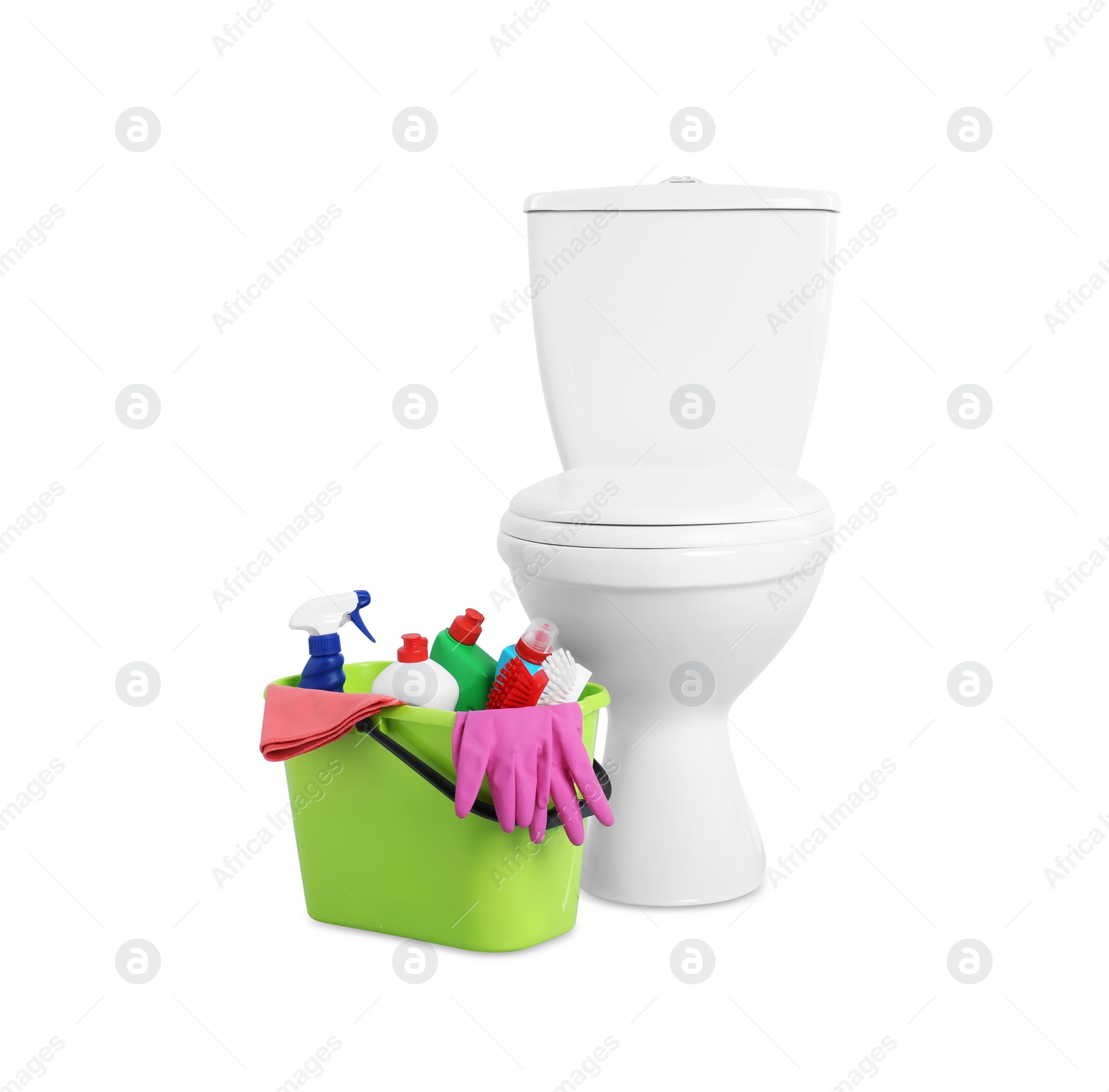 Photo of Toilet bowl and bucket with cleaning supplies on white background