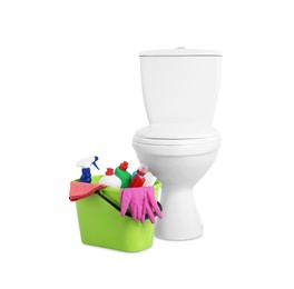 Photo of Toilet bowl and bucket with cleaning supplies on white background