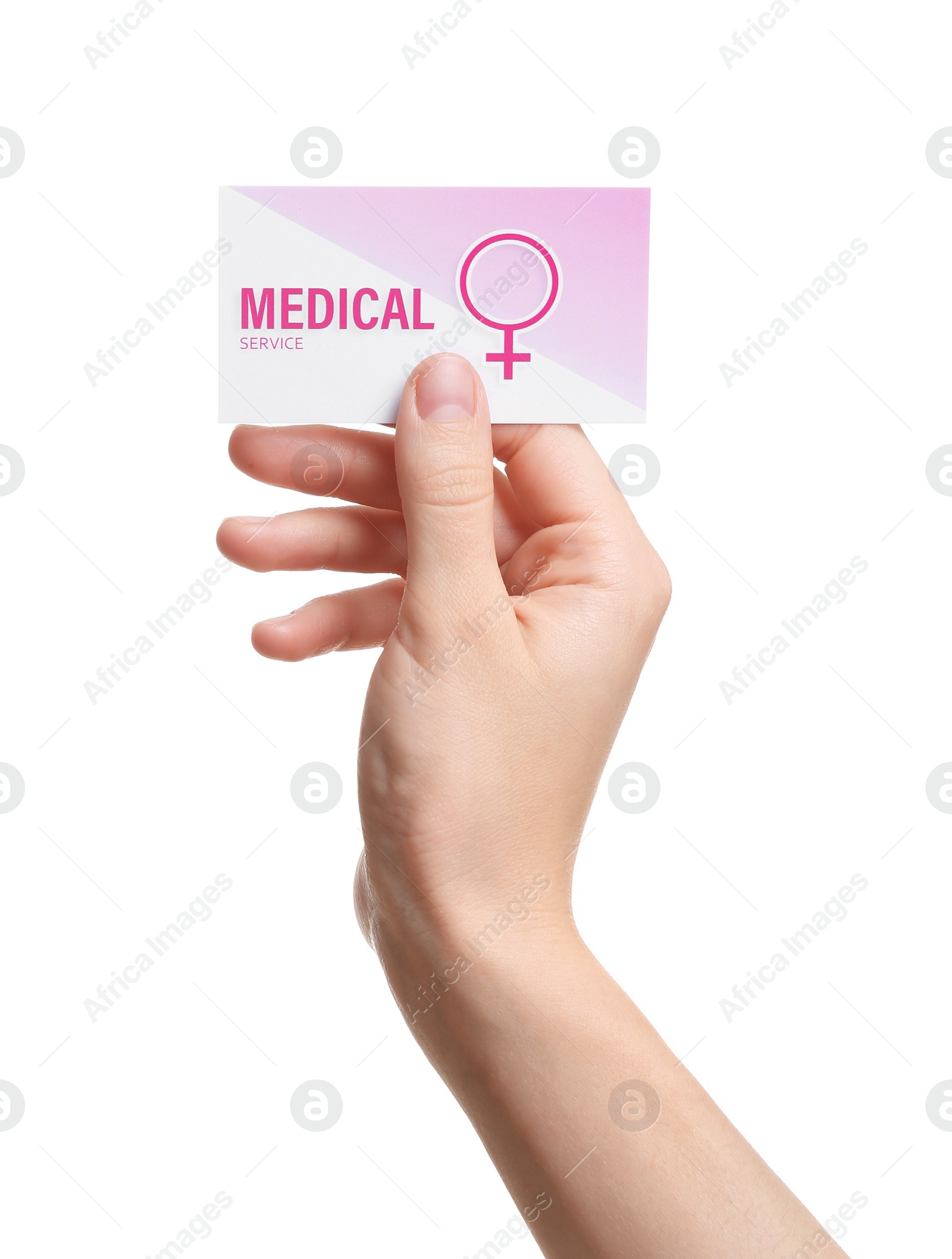 Photo of Girl holding medical business card isolated on white, closeup. Women's health service