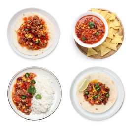 Image of Set with tasty chili con carne on white background, top view