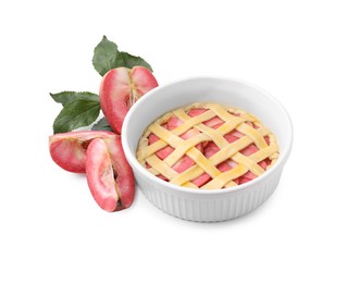 Photo of Raw apple pie, fruits and leaves isolated on white