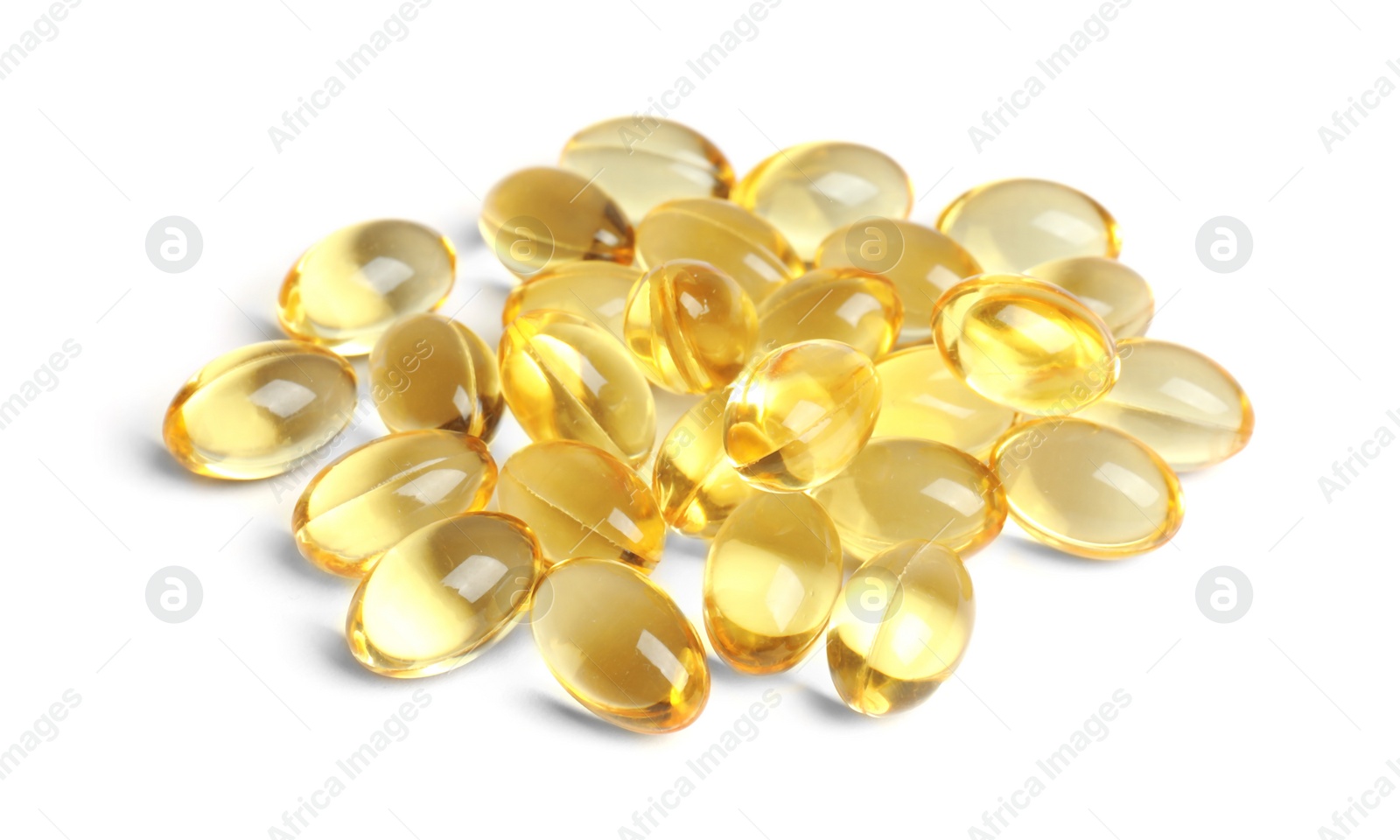 Photo of Cod liver oil pills on white background