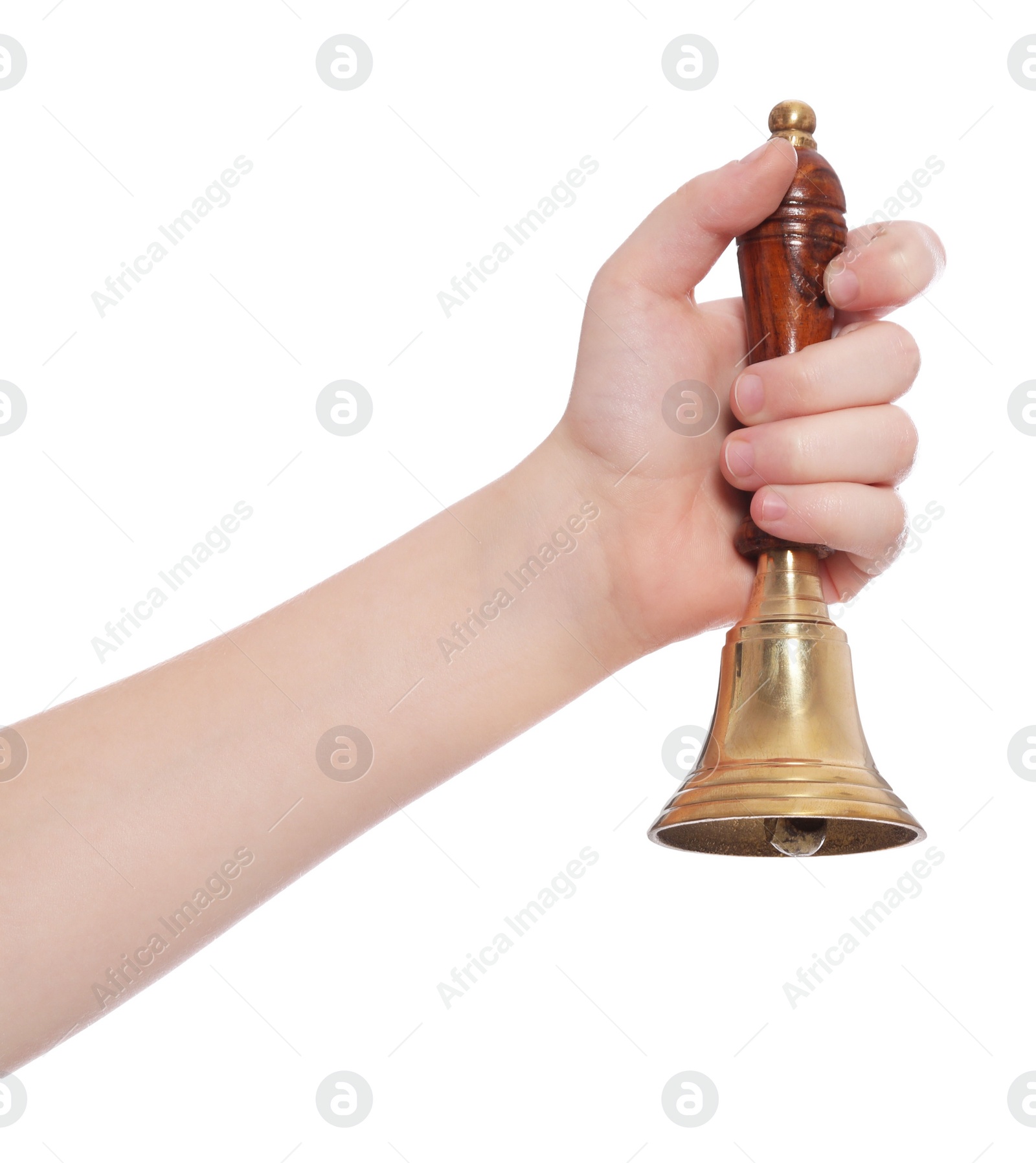 Photo of Pupil with school bell on white background, closeup