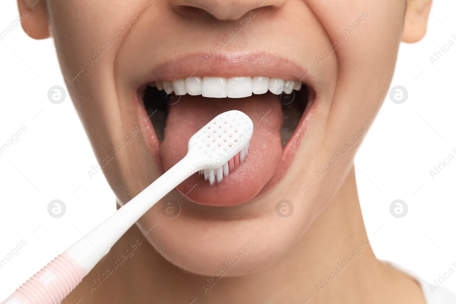 Photo of Woman brushing teeth on white background, closeup. Dental care