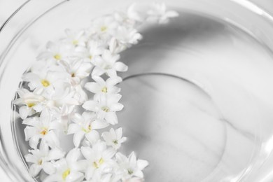 Bowl with water and flowers, closeup. Spa treatment