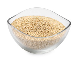 Raw quinoa in glass bowl isolated on white