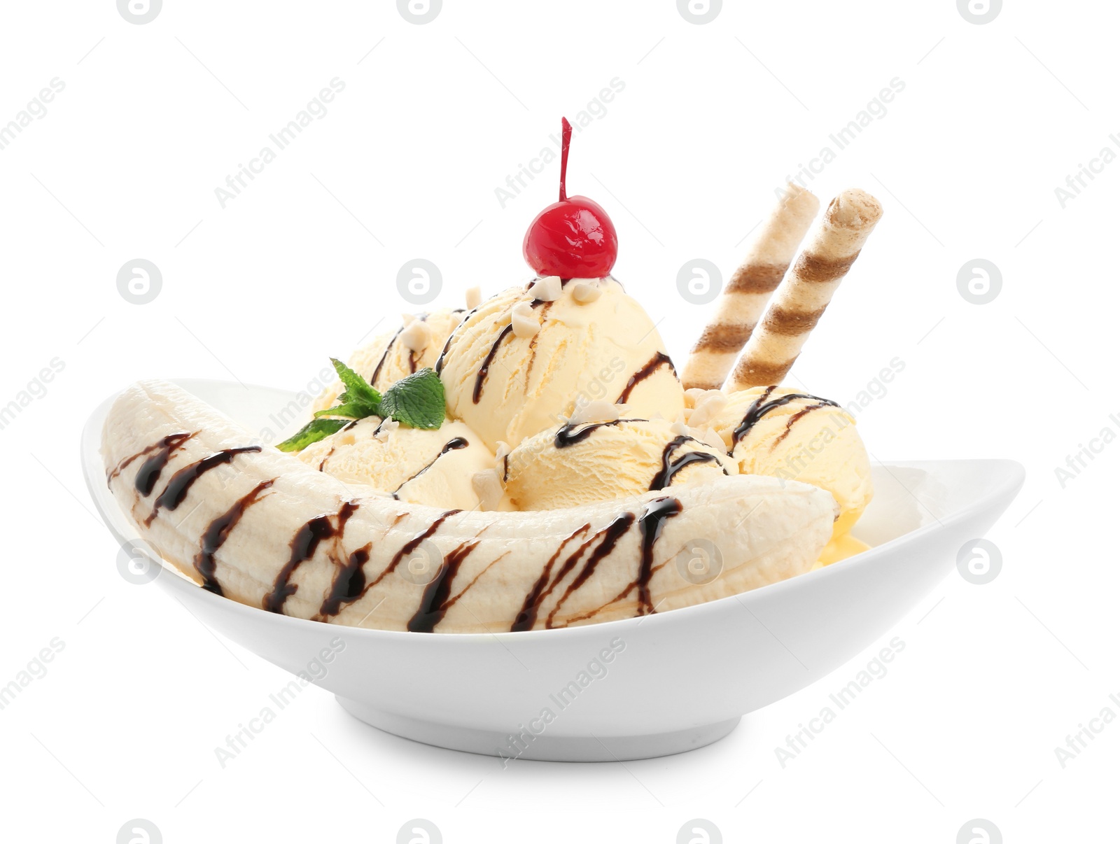 Photo of Delicious dessert with banana ice cream on white background