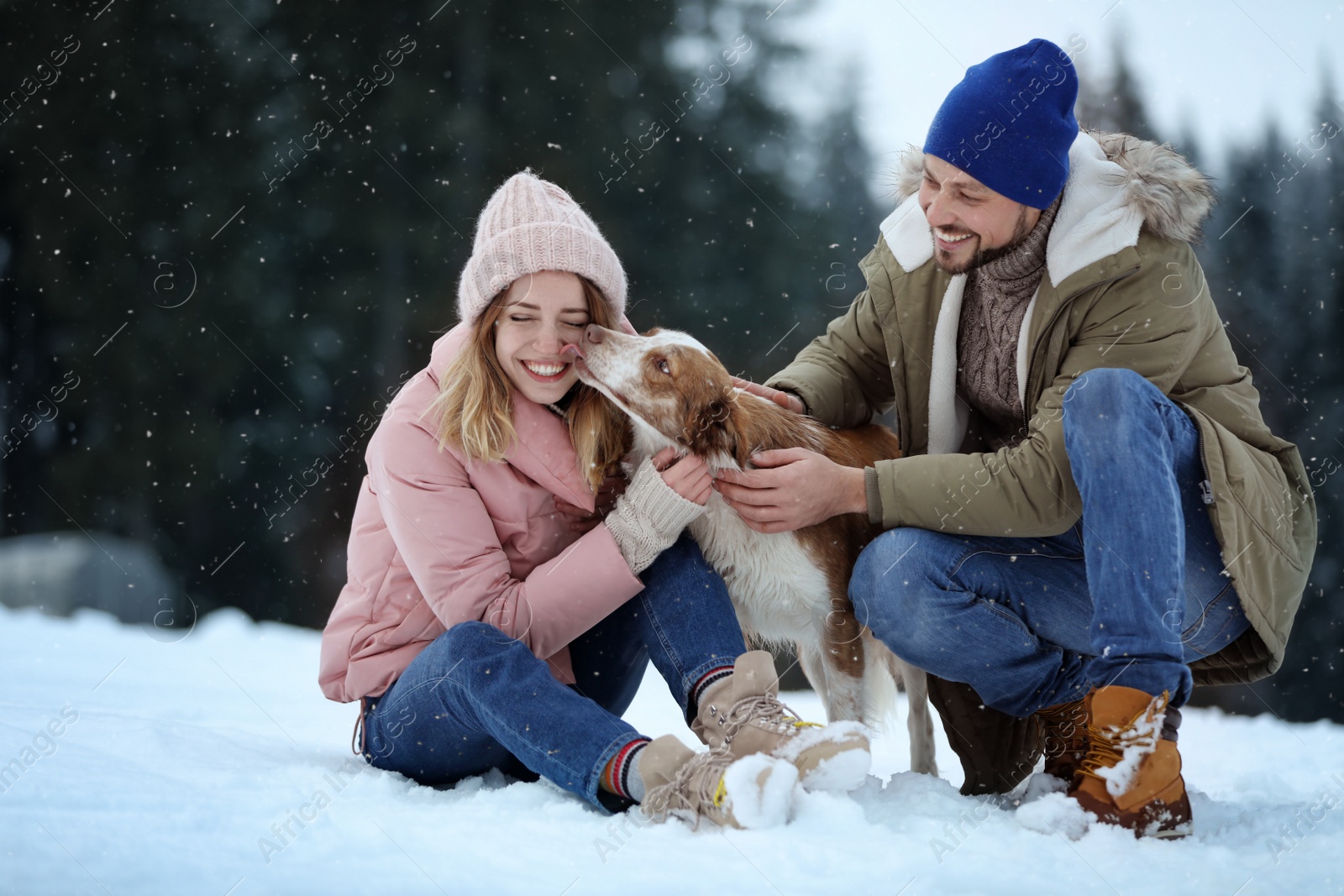 Photo of Cute couple with dog near forest. Winter vacation