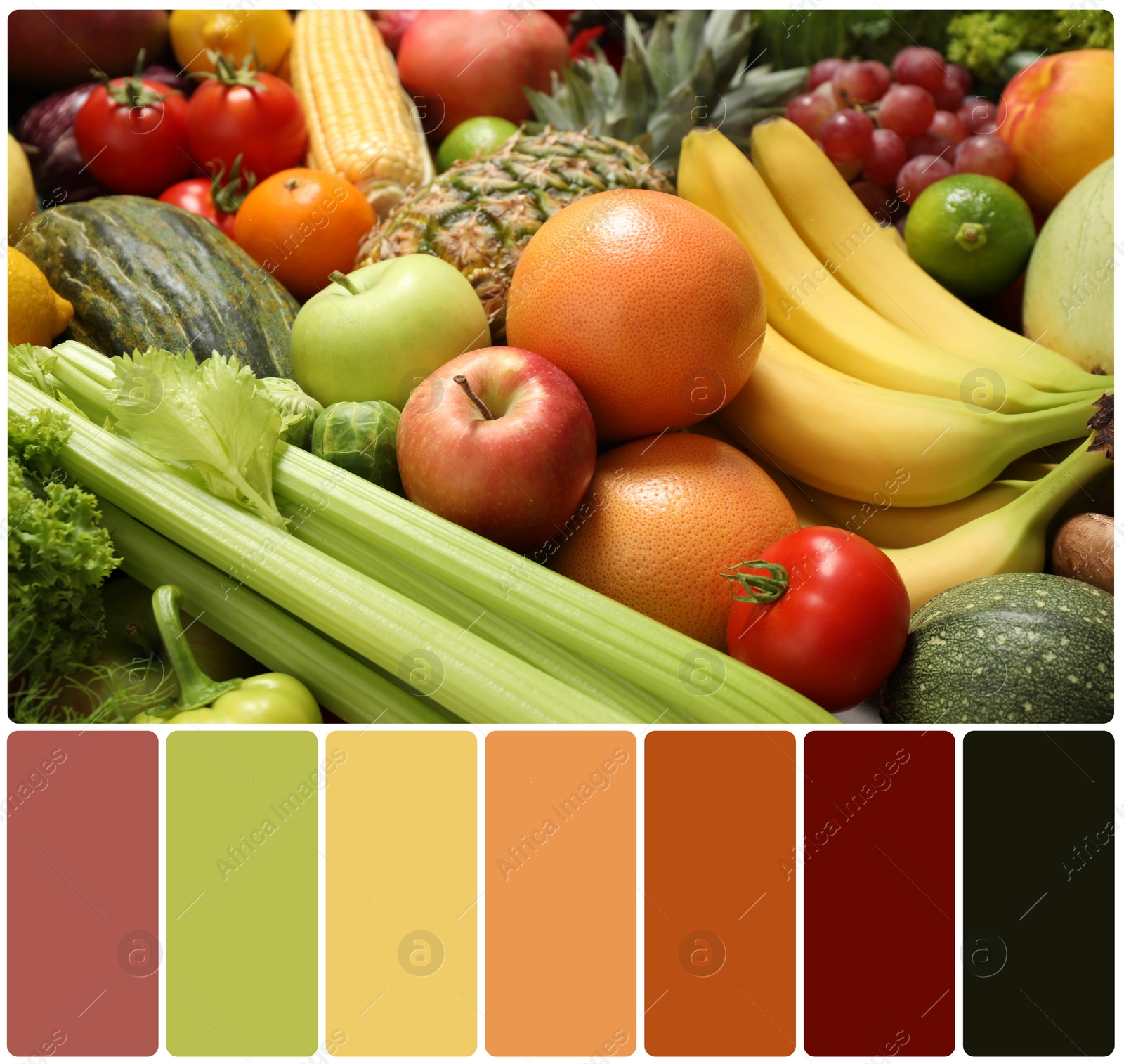 Image of Assortment of organic fresh fruits and vegetables and color palette. Collage