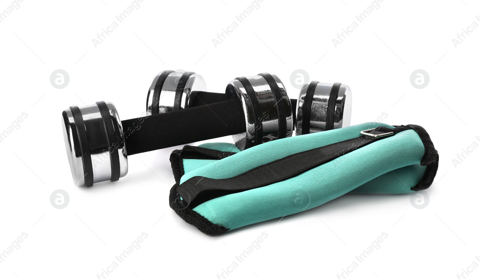 Photo of Stylish weighting agents and dumbbells on white background