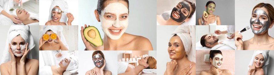 Image of Collage with photos of people with cleansing and moisturizing masks on faces. Banner design