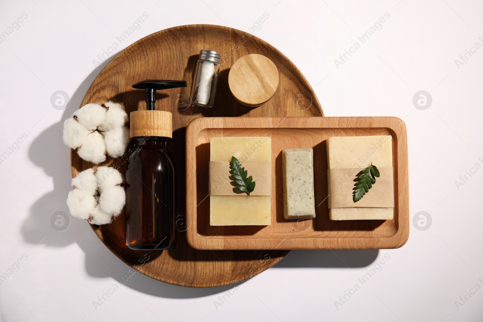 Photo of Eco friendly personal care products on white background, top view