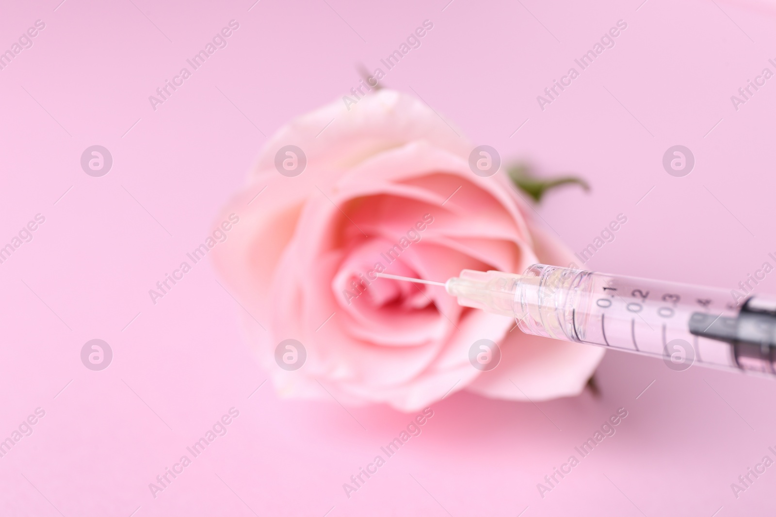 Photo of Cosmetology. Medical syringe and rose flower on pink background, closeup