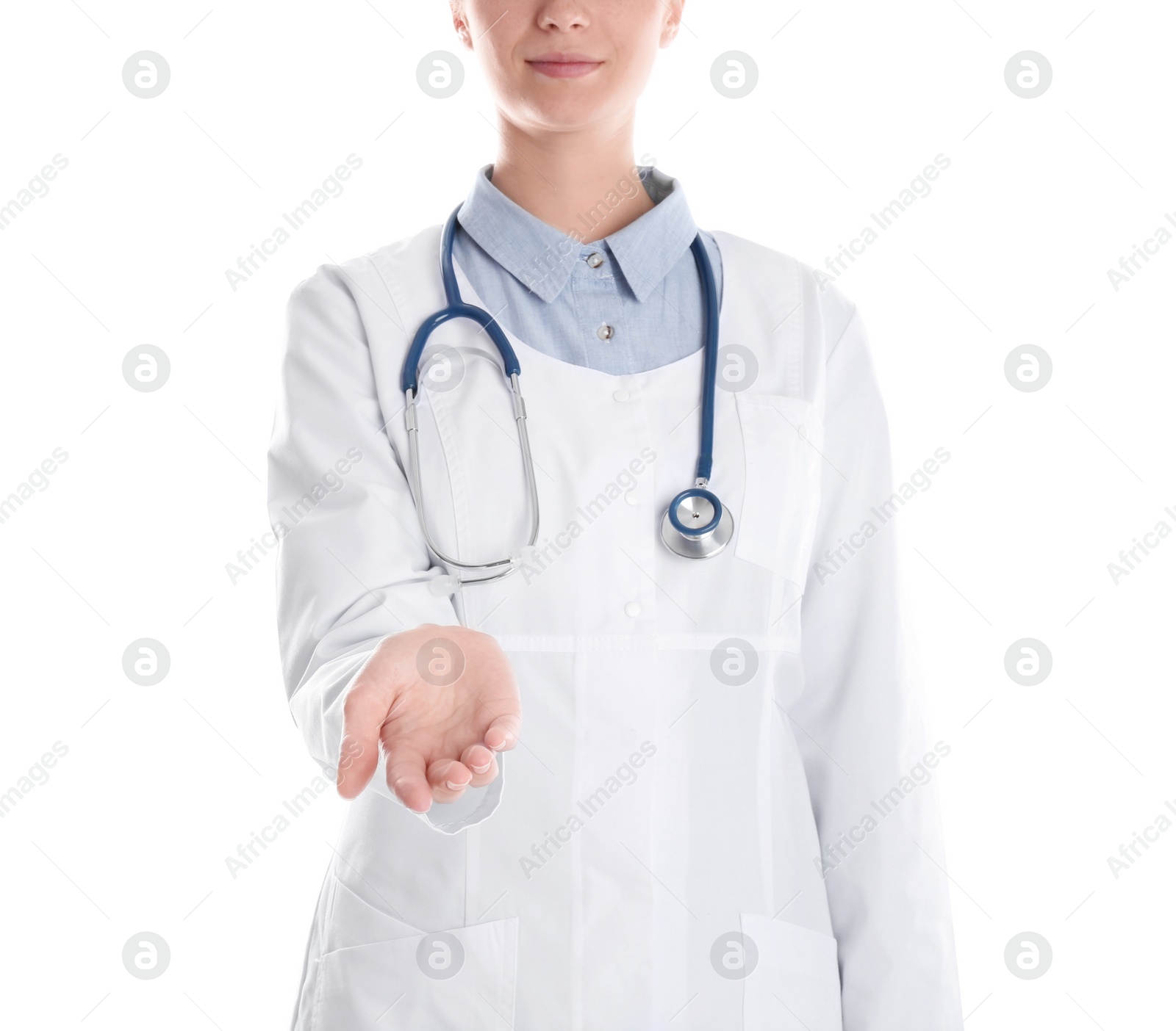 Photo of Female doctor offering helping hand on white background, closeup