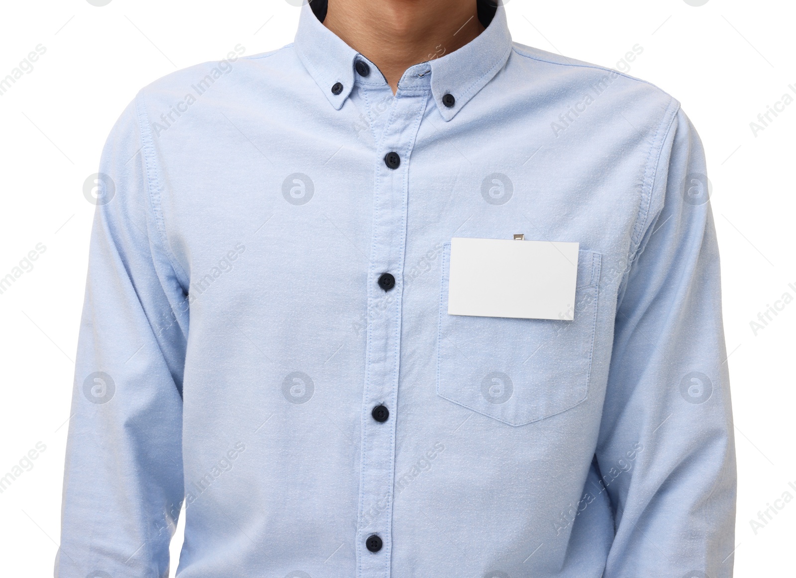 Photo of Man with blank badge on white background, closeup