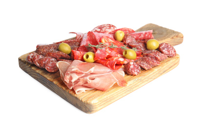 Photo of Wooden board with tasty prosciutto and other delicacies isolated on white