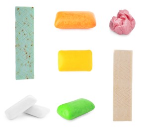 Set of different chewing gums on white background