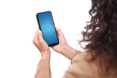 New message notification. Woman with mobile phone on white background, closeup