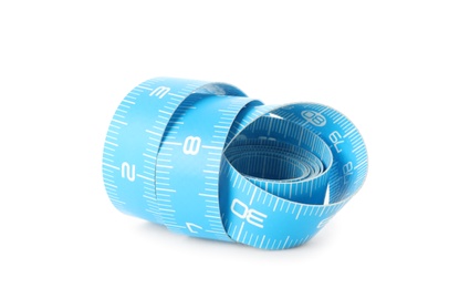 Photo of Light blue measuring tape isolated on white