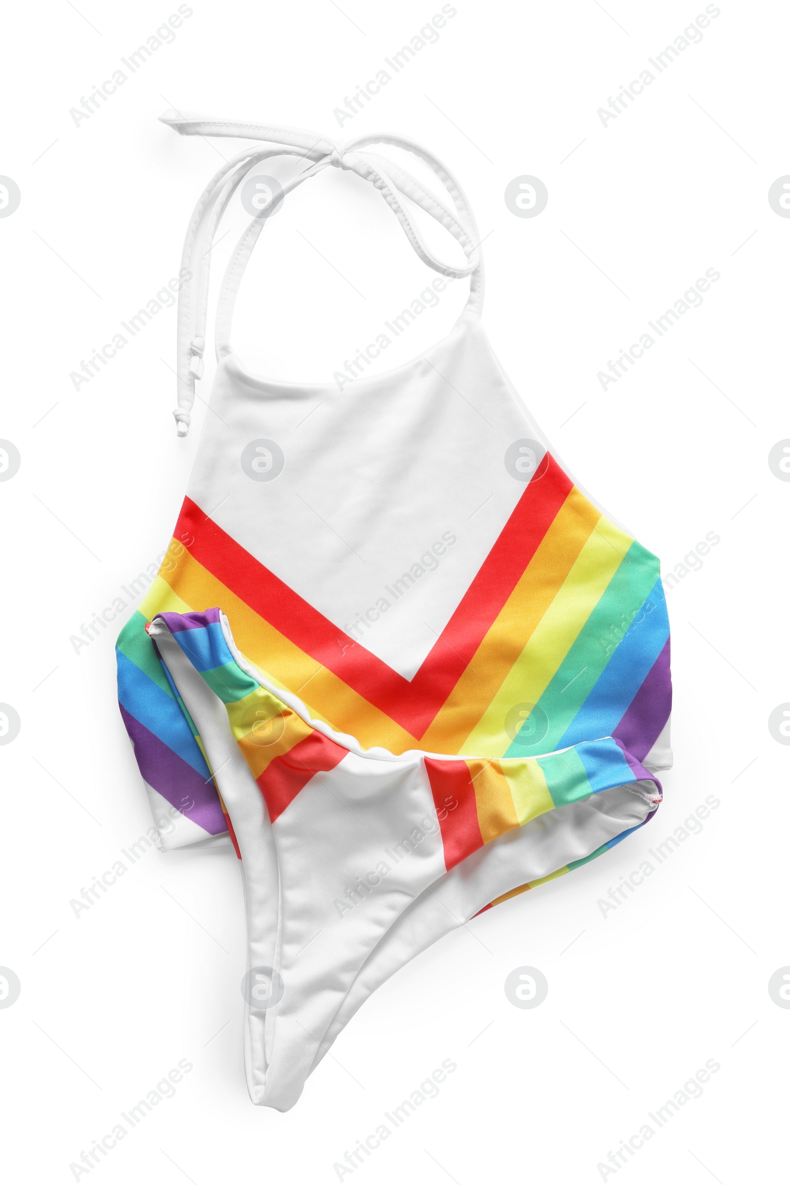 Photo of Bright swimsuit on white background, top view. Beach accessories