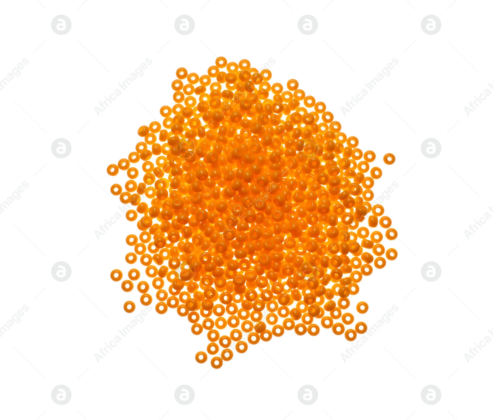 Photo of Pile of orange beads on white background, top view