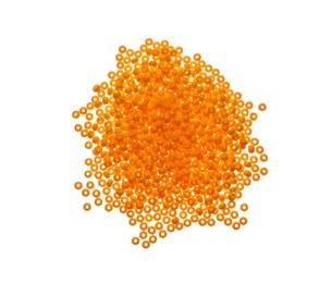 Photo of Pile of orange beads on white background, top view