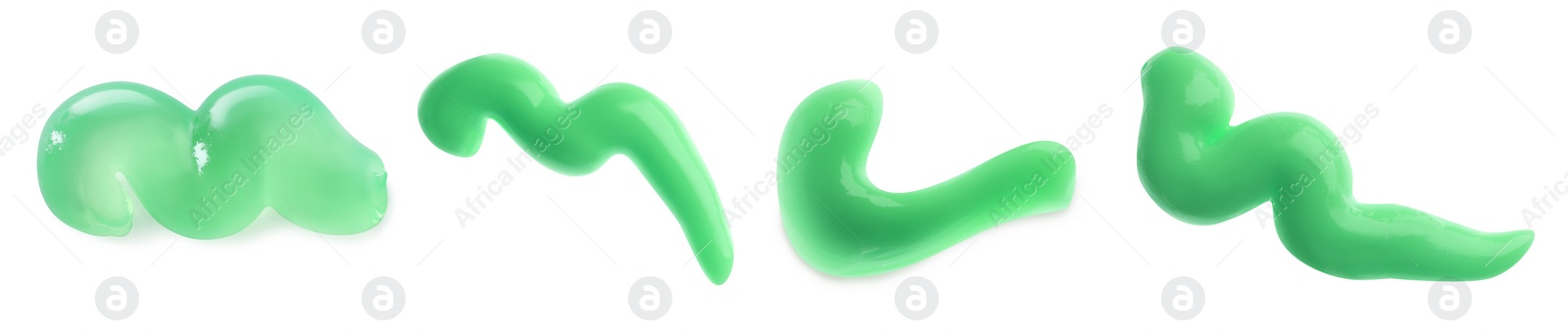 Image of Set with smears of toothpaste on white background. Banner design