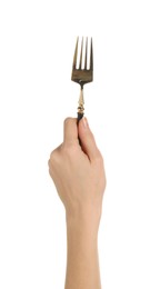 Photo of Woman holding clean fork on white background, closeup