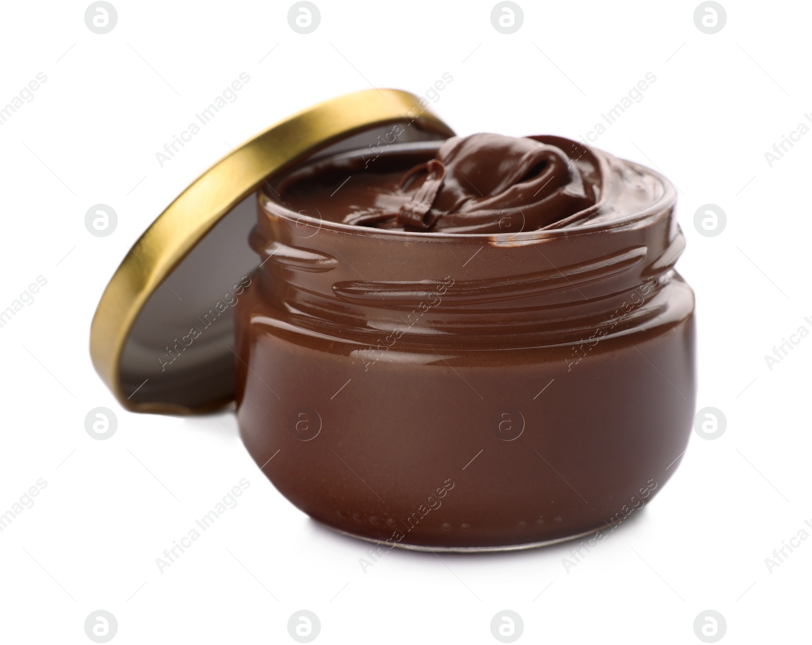 Photo of Glass jar of chocolate paste on white background