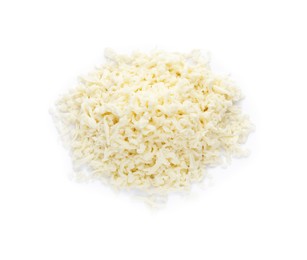 Photo of Heap of delicious mozzarella cheese on white background, top view