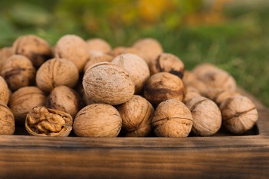 Photo of Tasty walnuts in wooden crate outdoors, closeup